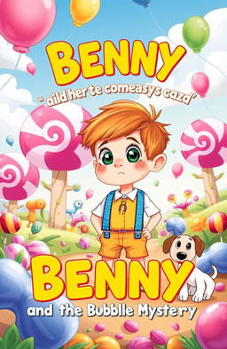 A whimsical and colorful illustration for a children's book titled 'Benny and the Bubblegum Mystery'