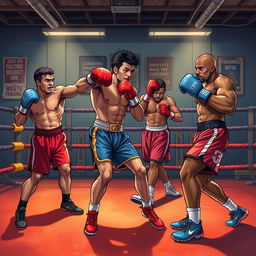 A captivating and dynamic illustration featuring a diverse group of boxers in a training environment