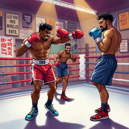 A captivating and dynamic illustration featuring a diverse group of boxers in a training environment