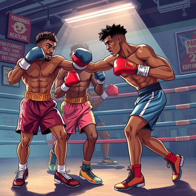 A captivating and dynamic illustration featuring a diverse group of boxers in a training environment