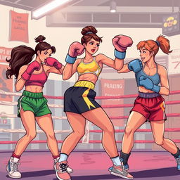A dynamic and powerful illustration featuring a group of female boxers in a competitive training atmosphere