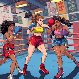 A dynamic and powerful illustration featuring a group of female boxers in a competitive training atmosphere