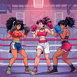 A dynamic and powerful illustration featuring a group of female boxers in a competitive training atmosphere