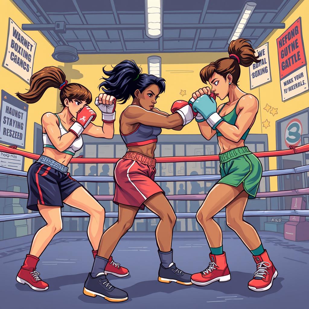 A dynamic and powerful illustration featuring a group of female boxers in a competitive training atmosphere