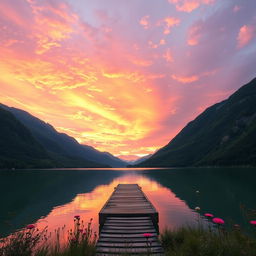 A majestic landscape featuring a stunning sunset over a serene lake surrounded by lush green mountains
