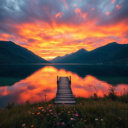 A majestic landscape featuring a stunning sunset over a serene lake surrounded by lush green mountains