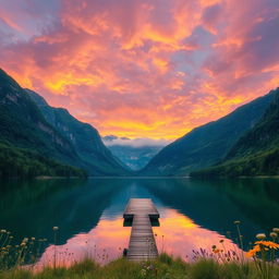 A majestic landscape featuring a stunning sunset over a serene lake surrounded by lush green mountains