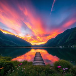 A majestic landscape featuring a stunning sunset over a serene lake surrounded by lush green mountains