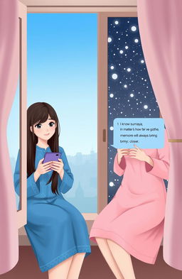 A heartwarming scene featuring two beautiful girls sitting by separate windows in different countries, conveying a sense of longing for each other