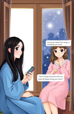 A heartwarming scene featuring two beautiful girls sitting by separate windows in different countries, conveying a sense of longing for each other