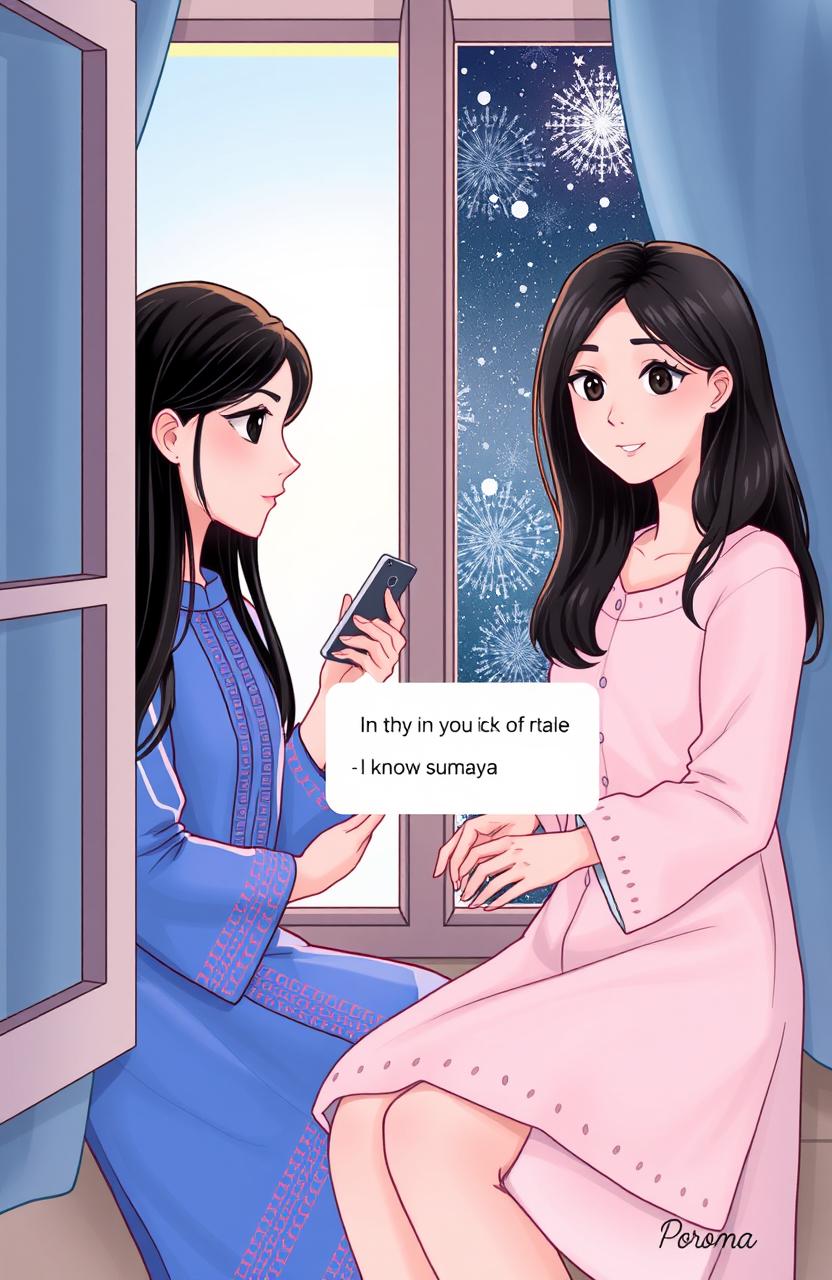 A heartwarming scene featuring two beautiful girls sitting by separate windows in different countries, conveying a sense of longing for each other