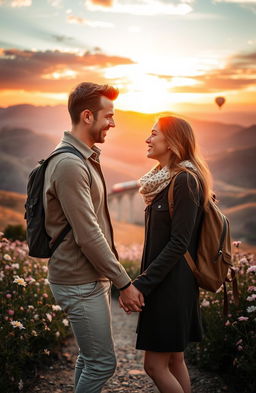 A romantic scene depicting a couple intertwined in love while traveling through a breathtaking landscape, showcasing rolling hills under a vibrant sunset