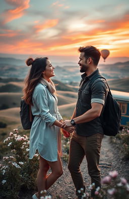 A romantic scene depicting a couple intertwined in love while traveling through a breathtaking landscape, showcasing rolling hills under a vibrant sunset