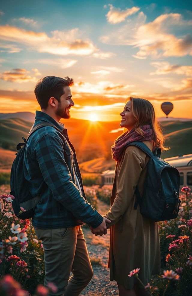 A romantic scene depicting a couple intertwined in love while traveling through a breathtaking landscape, showcasing rolling hills under a vibrant sunset