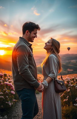 A romantic scene depicting a couple intertwined in love while traveling through a breathtaking landscape, showcasing rolling hills under a vibrant sunset