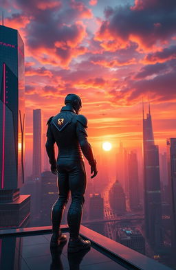 A striking digital artwork featuring a futuristic cityscape at sunset, showcasing sleek skyscrapers with neon lights