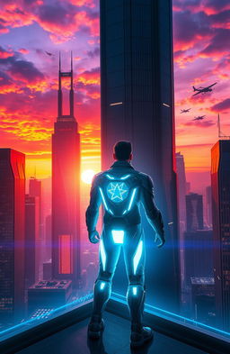 A striking digital artwork featuring a futuristic cityscape at sunset, showcasing sleek skyscrapers with neon lights