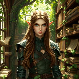 A female elf druid in a mystical nature library, surrounded by lush greenery and ancient books
