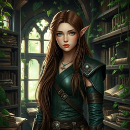 A female elf druid in a mystical nature library, surrounded by lush greenery and ancient books