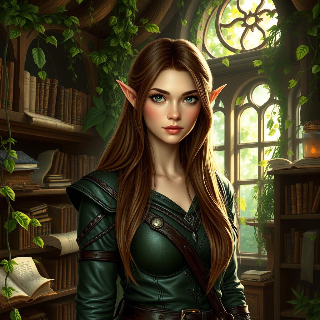 A female elf druid in a mystical nature library, surrounded by lush greenery and ancient books