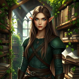 A female elf druid in a mystical nature library, surrounded by lush greenery and ancient books