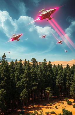A vast forest of towering dense trees set in a contrasting desert landscape, with rich green foliage against the golden sands