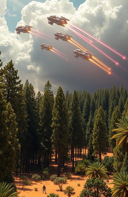 A vast forest of towering dense trees set in a contrasting desert landscape, with rich green foliage against the golden sands