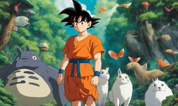 Goku depicted in Studio Ghibli's Spirited Away style, standing in a lush forest surrounded by whimsical creatures.