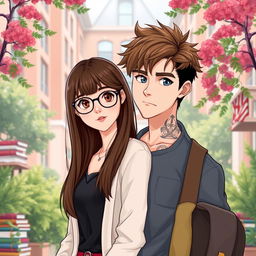 A realistic illustration of a romantic duo of adolescent college students