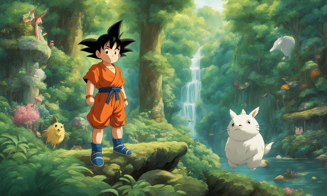 Goku depicted in Studio Ghibli's Spirited Away style, standing in a lush forest surrounded by whimsical creatures.