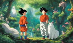 Goku depicted in Studio Ghibli's Spirited Away style, standing in a lush forest surrounded by whimsical creatures.