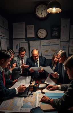 A captivating and intense political scene depicting a group of strategists in a dimly lit room surrounded by maps, laptops, and voting materials