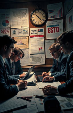 A captivating and intense political scene depicting a group of strategists in a dimly lit room surrounded by maps, laptops, and voting materials