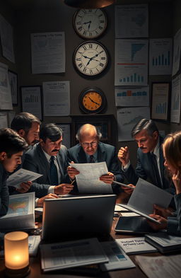A captivating and intense political scene depicting a group of strategists in a dimly lit room surrounded by maps, laptops, and voting materials
