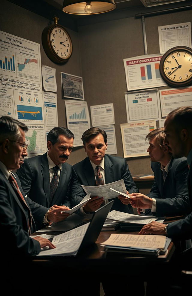 A captivating and intense political scene depicting a group of strategists in a dimly lit room surrounded by maps, laptops, and voting materials