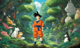 Goku depicted in Studio Ghibli's Spirited Away style, standing in a lush forest surrounded by whimsical creatures.