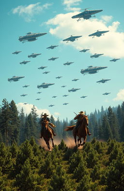 A thrilling scene depicting cowboys racing across a vast forest filled with dense trees, showcasing their skillful horseback riding