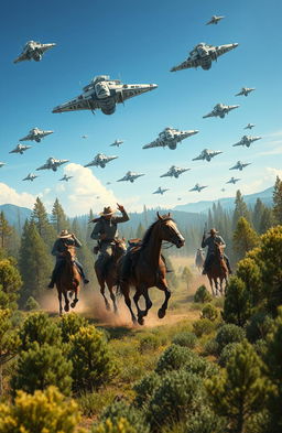 A thrilling scene depicting cowboys racing across a vast forest filled with dense trees, showcasing their skillful horseback riding