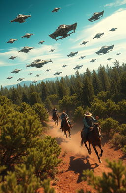 A thrilling scene depicting cowboys racing across a vast forest filled with dense trees, showcasing their skillful horseback riding