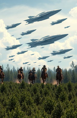A thrilling scene depicting cowboys racing across a vast forest filled with dense trees, showcasing their skillful horseback riding
