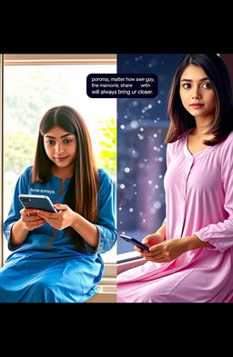 A split-screen image depicting two beautiful girls sitting by their respective windows