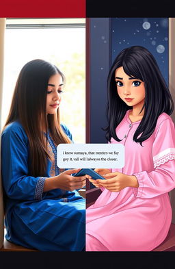 A split-screen image depicting two beautiful girls sitting by their respective windows