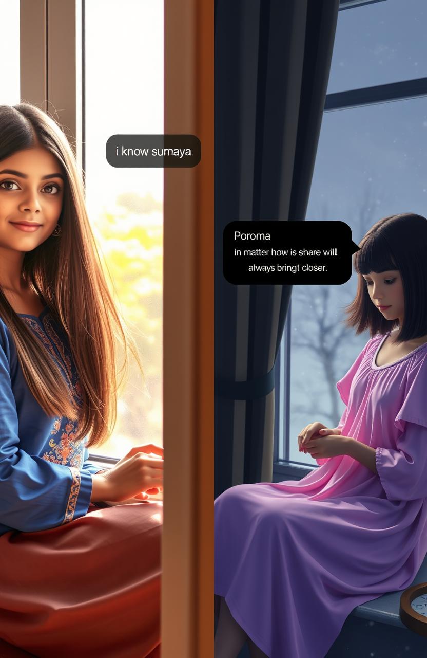 A split-screen image depicting two beautiful girls sitting by their respective windows