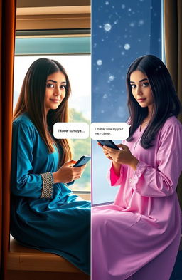 A split-screen image depicting two beautiful girls sitting by their respective windows