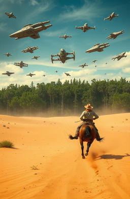 A dynamic scene featuring a cowboy racing across a vast desert toward a dense forest of towering trees