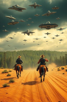 A dynamic scene featuring a cowboy racing across a vast desert toward a dense forest of towering trees