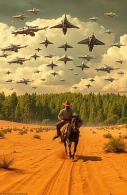 A dynamic scene featuring a cowboy racing across a vast desert toward a dense forest of towering trees