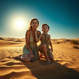 A dramatic desert scene depicting a woman and her son in distress, both showing signs of thirst and desperation