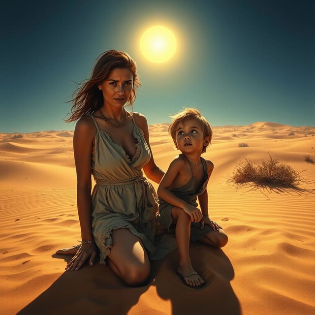 A dramatic desert scene depicting a woman and her son in distress, both showing signs of thirst and desperation