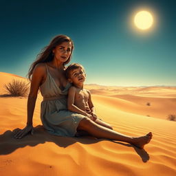 A dramatic desert scene depicting a woman and her son in distress, both showing signs of thirst and desperation